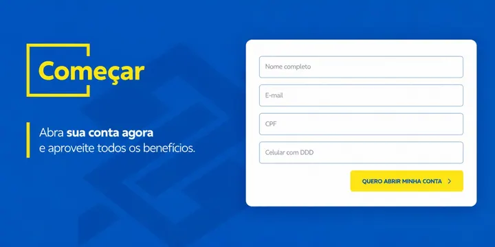 Formulário de abertura de conta sobre fundo azul, com o título “Começar” em amarelo