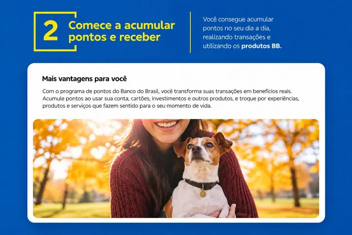 Peça da série “Comece a acumular pontos”, com uma mulher sorrindo e um cachorro num parque de outono