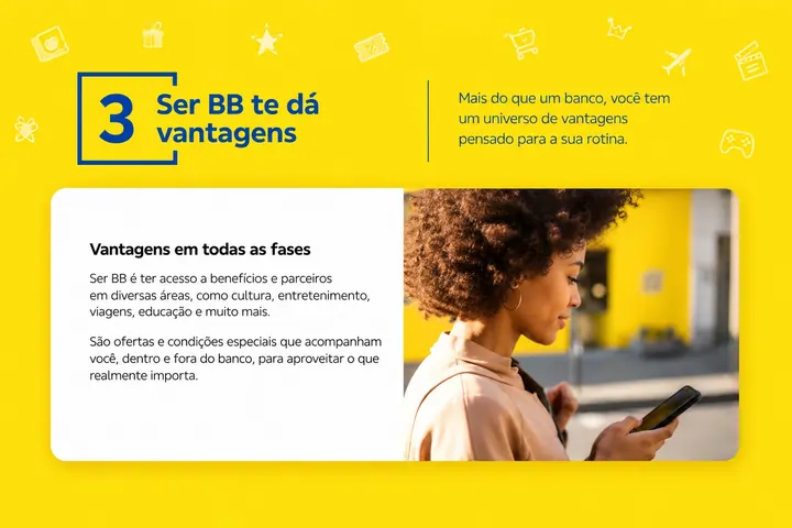 Peça da série “Ser BB te dá vantagens”, com uma mulher usando o celular ao lado de uma parede amarela