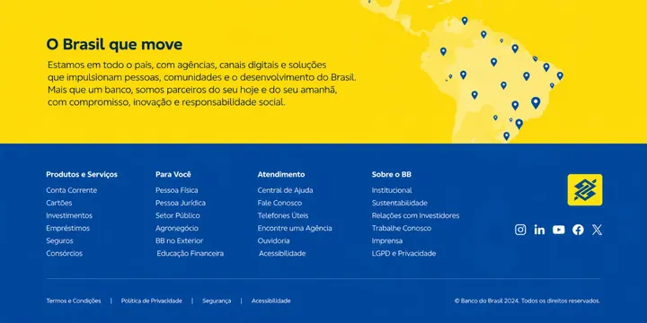Rodapé com o mapa do Brasil, a chamada “O Brasil que move” e as colunas de links em azul e amarelo