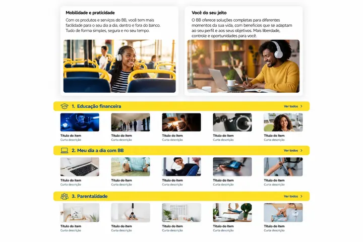 Página de categorias com os cartões “Mobilidade e praticidade” e “Você do seu jeito” e faixas de conteúdo em amarelo