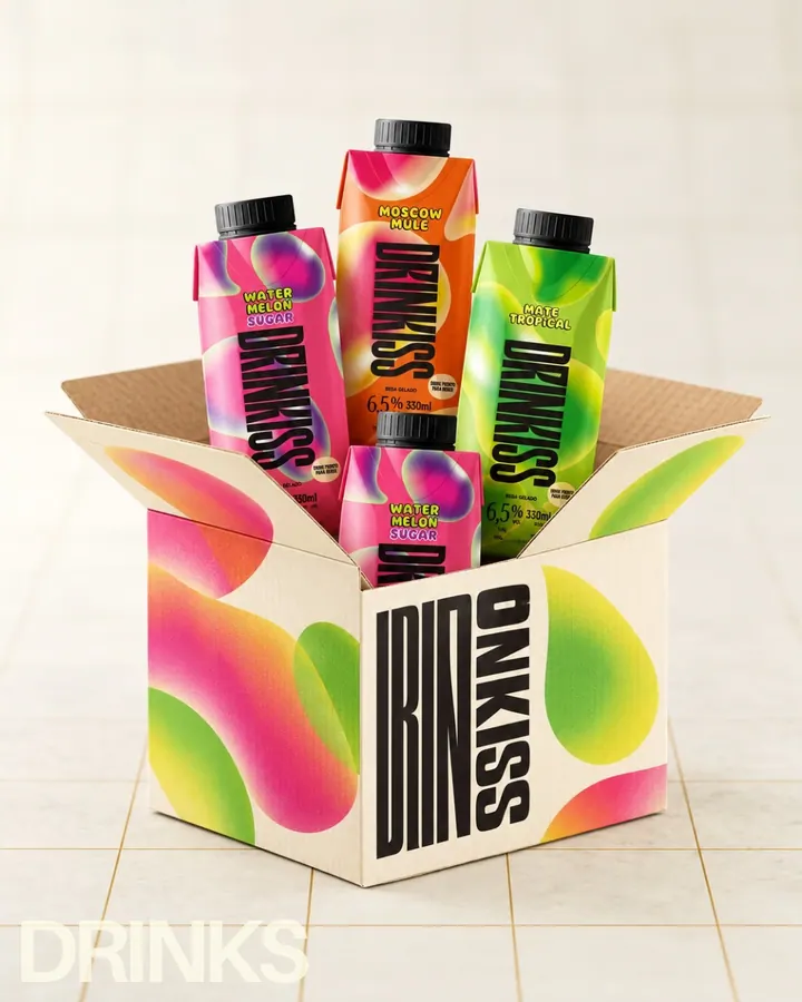 Caixa de papelão estampada com as embalagens Drinkiss de Watermelon Sugar, Moscow Mule e Mate Tropical saindo de dentro