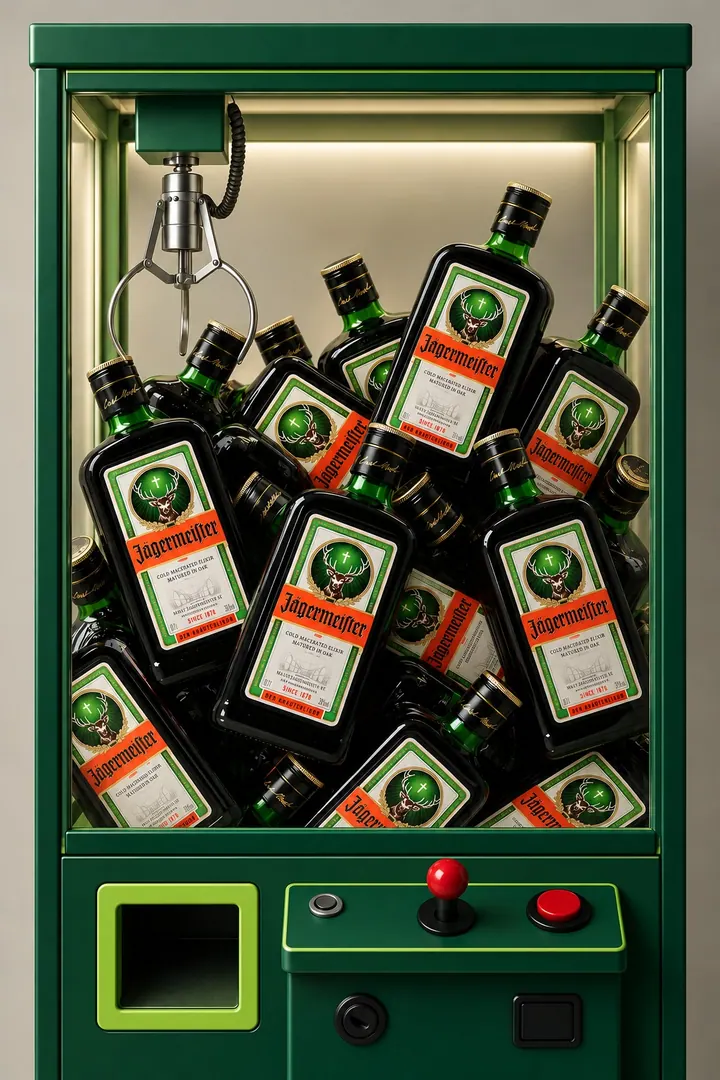 Máquina de pegar bichinho verde cheia de garrafas de Jägermeister, com a garra descendo sobre elas