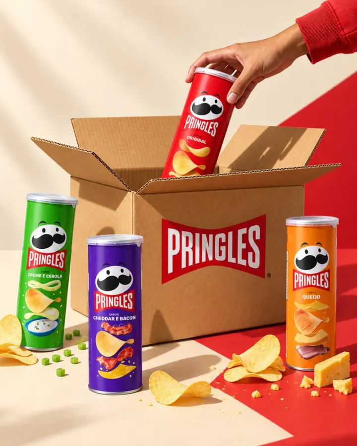 Mão tirando um tubo de Pringles Original de uma caixa, com os sabores creme e cebola, cheddar e bacon e queijo em volta
